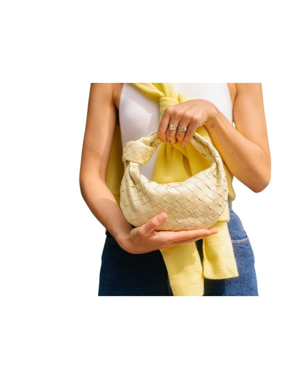 Pale Yellow Woven Mini Handbag Knotted Handle